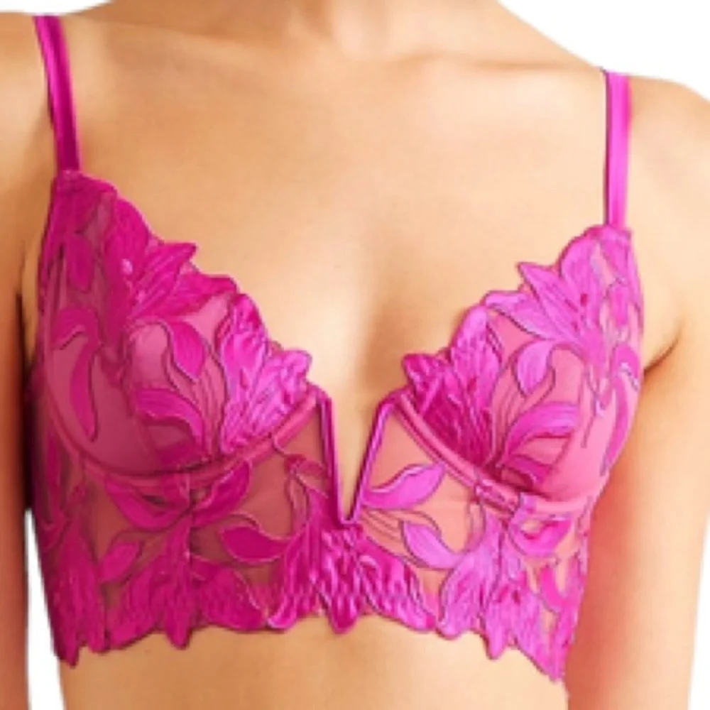 Fleur du Mal 32B Lily embroidered longlined unlined demi bra in fuchsia pink